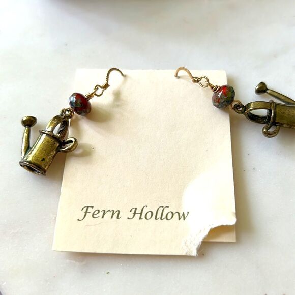 Fern Hollow antique gold beaded watering can dangle earrings NEW - Picture 2 of 4